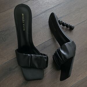 AKIRA Black Ruching Beaded-heel Slide Mules